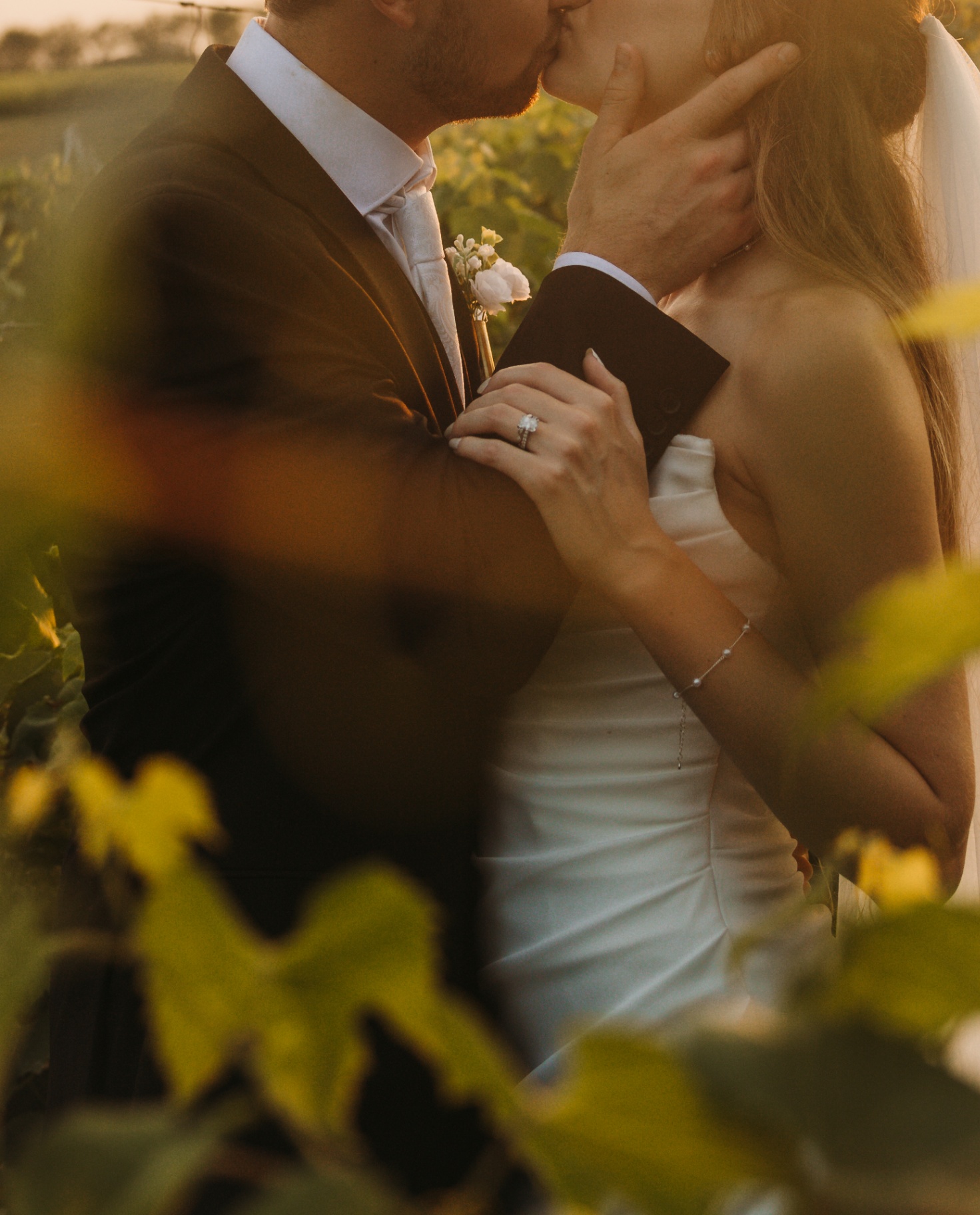 Intimate couple kiss among vineyard leaves at golden hour