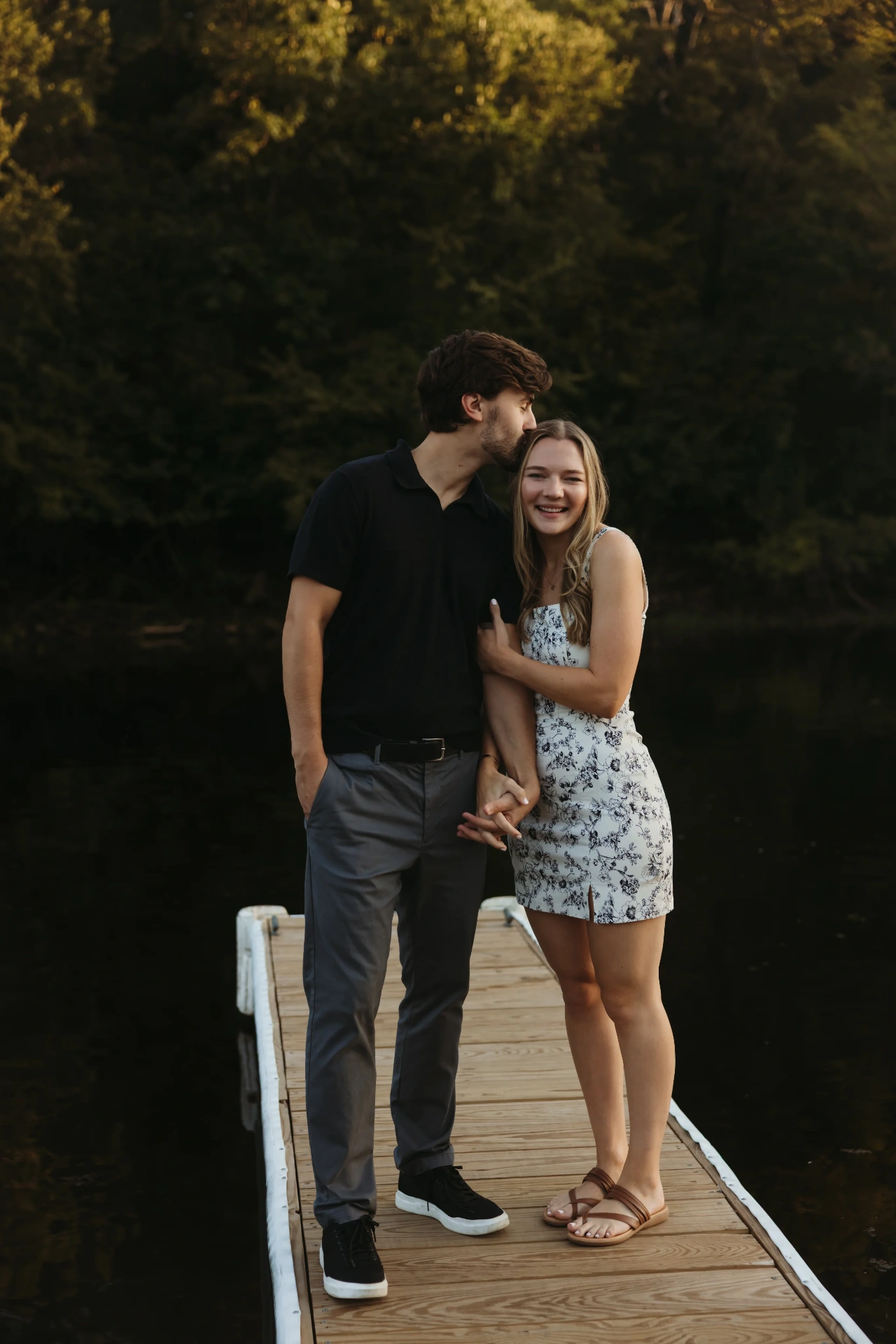 Couple on wooden dock by dark lake with trees — Twin Cities couples & engagement photographer Emma Ziegler, Honeydew Photography (Minneapolis, Minnesota)